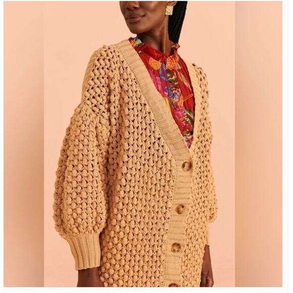 FARM RIO Dark Sand Handmade Dots Knit Cardigan XS Sweater Oversized Tan Beige - Picture 1 of 8